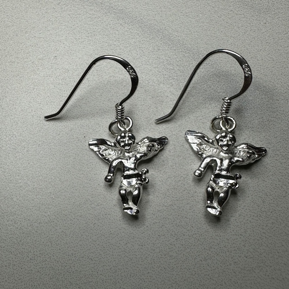 Sterling Silver 925 Cherub‎ Angel Dangle Drop Earrings Fine Jewelry